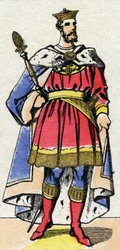 Capetian-dynastin: Porträtt av Filip I av Frankrike (1052-1108) kung av frankerna från 1060 till 1108. Epinal avbildning från slutet av 1800-talet. Privat samling.