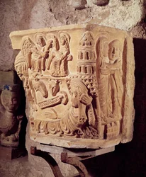 Huvudstad som visar bebådelsen, besöket och födseln, 1100-talet
