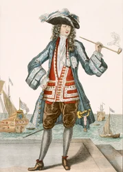 Kapten Jean Bart av Dunkerque 88:Le Capitaine Jean Baert de Dunquerque, flottans kapten, står och röker en lång pipa på hamnen; Jean Bart (1651-1702), flamländsk sjöman w