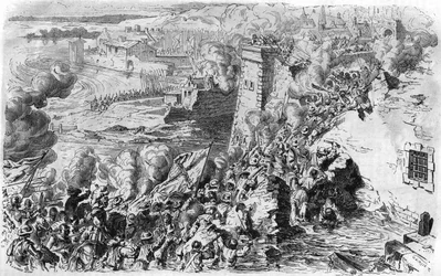 Fångst av Lagny av Farnese 1590, efter en gammal gravyr. I "" Histoire Populaire de la France"", sd. ca 1885. Gravyr.
