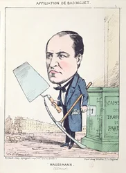 Karikatyr av baron Georges Eugène Haussmann (1809-91) som murarhantlangare, omkring 1870