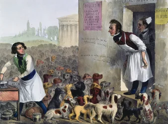 Karikatyr av parisare som handlar med rabiata hundar, c.1840