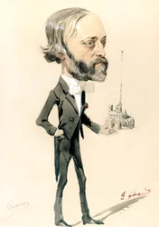 Karikatyr av arkitekten Eugène Emmanuel Viollet-le-Duc (färg litho)