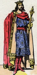 Karolingiska dynastin: Porträtt av Karl III sa Frankernas enkla (879-929) kung från 898 till 922. Epinal avbildning från slutet av 1800-talet. Privat samling.