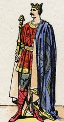 Karolingiska dynasti: Porträtt av Karl II den skallige (823-877), Frankernas kung från 840 till 877. Epinal avbildning från slutet av 1800-talet. Privat samling.