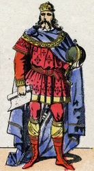 Karolingiska dynasti: Porträtt av Karl, känd som den store eller Karl den Store (Carolus Magnus, 742-814) kejsare från 800 till 814. Epinal avbildning från slutet av 1800-talet. Privat samling.