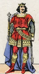 Karolingiska dynasti: Porträtt av Ludvig II Begen (846-879), frankernas kung från 877 till 879. Epinal avbildning från slutet av 1800-talet. Privat samling.