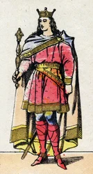 Karolingiska dynasti: Porträtt av Ludvig V dit le Faineant (967-987), frankernas kung från 986 till 987. Epinal avbildning från slutet av 1800-talet. Privat samling.
