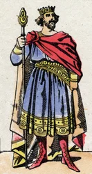 Karolingiska dynasti: Porträtt av Raoul av Frankrike (eller Rodolphe, v. 890-936) kung av frankerna från 923 till 936. Epinal avbildning från slutet av 1800-talet. Privat samling.