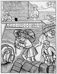 Bärare av hö under medeltiden. Gravyr i "La Marine et les colonies: handel"