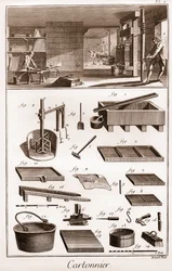 Cartonnier - verkstad tillverkar kartong - "" The Great Encyclopedia, eller Dictionnaire Raisonne des Sciences, des Arts et des Metiers" (Encyclopedia or Dictionary of the Sciences, Arts and Professions) av Denis Diderot (1713-1784) och Jean d
