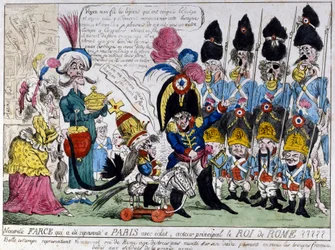 Tecknad film om Napoleon I (1769 - 1821) och hans son, kungen av Rom (1811 - 1832): den sistnämnde på sin gunghäst granskar den franska arméns trupper tillsammans med sin far. Franskt tryck från 1800-talet.
