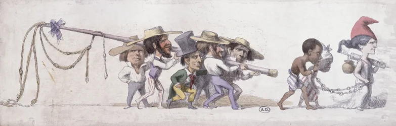 Tecknad serie som visar Frankrike som slavhandlaren i dess kolonier, ca 1845-48 (penna & bläck och akvarell på papper)