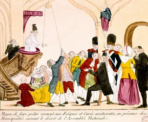 Tecknad film föreställande franska aristokrater och präster som avlägger trohetseden till republiken (färgad gravyr)