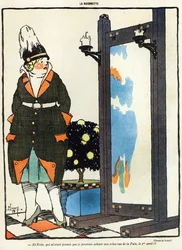 Tecknad serie som föreställer en tysk dam som är besviken över att inte kunna köpa sina nya kläder i Paris i rue de la Paix, från April Fools Day (Poisson dAvril) upplagan av La Baionette magazine, 29 mars