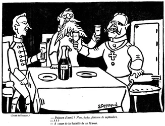 Tecknad serie som föreställer en tysk soldat och hans far med en satirisk anspelning på den tyska katastrofen vid Marne, från April Fools Day (Poisson dAvril) upplagan av La Baionette magazine, 29 mars 19