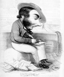 Tecknad serie av Eugène Sue som skriver, omgiven av hans publikationer följetonger i pressen - i "" Le Charivari", cirka 1840