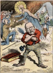 Tecknad film av författaren Emile Zola (1840-1902) som är förbryllad över de troendes hängivenhet i Lourdes, trots hans kritik av ämnet uttryckt i hans roman "Lourdes". Gravyr i "" Le Pelerin"" av 30 augusti