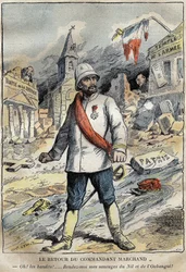 Tecknad film om befälhavaren Jean-Baptiste (Jean Baptiste) Marchand (1863-1934), i Toulon, på väg tillbaka från ett utforskningsuppdrag (1896-1899) i Afrika. Gravyr i "" Le Pelerin"" 4/06/1899.