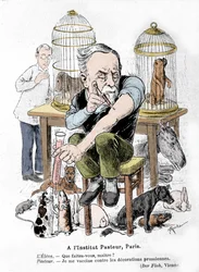Tecknad bild av vetenskapsmannen Louis Pasteur, uppfinnaren av vaccinet mot rabies, som vaccinerar sig mot preussiska dekorationer. Publicerad i "Der Floh""
