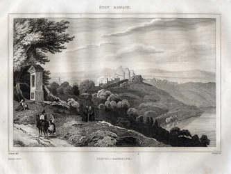 Castel Gandolfo - Gravyr från "" Pittoreska Italien"" av M. de Norvins, Ch. Nodier 1834-1836.