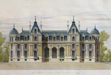 Slottet Neuflize som tillhör Pate Brothers, trädgårdsfasad, illustration från Le Moniteur des architectes, 1884, graverad av F. Penel (färgstick)