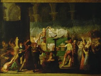 Katafalk för Jean-Paul Marat efter hans mord av Charlotte Corday ...