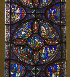 Cathedrale de chartres, målat glas: Saint Antoine och Saint Pauls liv, eremiter, detalj i mitten