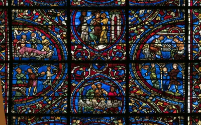 Cathedrale de chartres, målat glas: liknelse om den förlorade sonens detalj