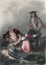 Katarina I av Ryssland (Marta Elena Skavronska, senare Marfa Samuilovna Skavronskaya) - Katarina I (1684 - 1727), ett barn, hittar pastor Skovronski, pastorn som uppfostrade henne, döende bland de döda i Mariembourg, en stad som invaderats av ryssarna - i 