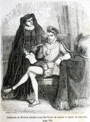 Catherine de Medici (Caterina de Medici) river från sin son (Charles IX) ordern att ge signalen om massakern på Saint Barthelemy 1572 - i "Histoire de France" av L.-P. Anquetil