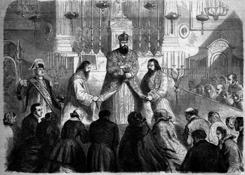 Katolsk rit - Mässa - 26 januari 1860: Mässa celebre enligt den armeniska riten av mechitaristernas överordnade i kyrkan Notre Dame des Victoires, Paris. Gravyr i "" Le Monde Illustré"" nr 147 av 4 februari 1860.