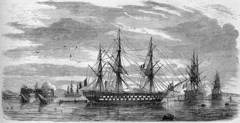 Katolsk fest: Långfredagen (Sky fredag) i Toulon (Var, 83) 1858. Fartygen har sina spön i kors och sina flaggor med halvfall som ett tecken på sorg. Gravyr i "" Le Monde Illustré"" nr 53 av 17 april 1858.