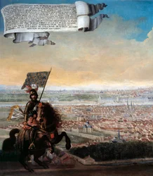 Kavaljervy över Paris från Faubourg Saint Jacques Åminnelse av försvaret av Paris av förbundskansler Pepin des Essarts efter sveket av Etienne Marcel, 1358. Detalj. Målning av Franska skolan. 1640 Sön. 0,96x1,92 m Paris, Musee Carnavalet