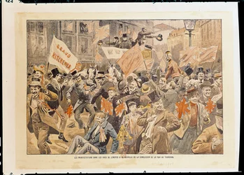 Firande på Londons gator efter nyheten om fredsslutet i Transvaal, maj 1902 (tryck)