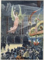 Hundraårsjubileet av den franske författaren Victor Hugos födelse (1802-1885): Renommees ande som stiger ner till poetens hus, Place des Vosges i Paris, i "Le Petit Parisien""