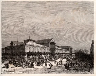Central halles i Paris på 1800-talet - gravyr i "La France illustree: geographie, histoire, administration statistique" av V.A. Malt-brunt. 1884