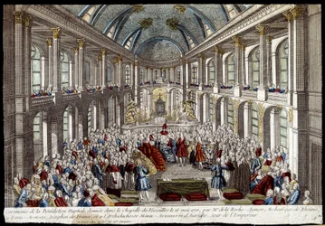 Ceremoni för brudvälsignelsen som gavs i kapellet i Versailles den 16 maj 1770 av Louis Auguste, delfin från Frankrike (Louis XVI), och Marie Antoinette av Österrike - gravyr