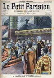Kröningsceremoni i Westminster: kung Edvard VII (1841-1910) och Alexandra av Danmark (1844-1925), i ”Le Petit Parisien”