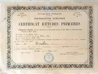 Intyg för grundskoleutbildning, Academie de Lille, 1898 (bläck på papper)