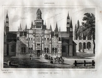 Certosa di Pavia - Chartreuse av Pavia - Gravyr från "" Pittoreska Italien"" av M. de Norvins, Ch. Nodier 1834-1836.