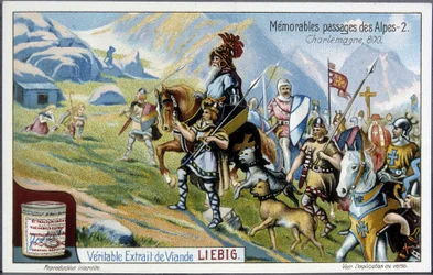 Karl den Store och hans armé korsade Alperna år 800 - Liebig-kromolitografi, början av 1900-talet.