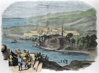 Charles Fourier (1772-1837), fransk socialistisk teoretiker: gravyr som visar idealbilden av en Phalanstere-gravering från 1848.