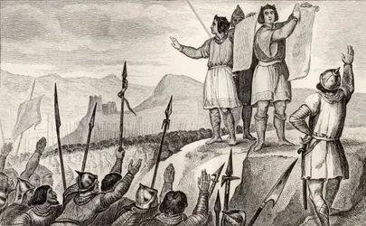 Karl II (823-77) den skallige och hans bror Ludvig den tyske sluter fördrag i Strasbourg 842, från 