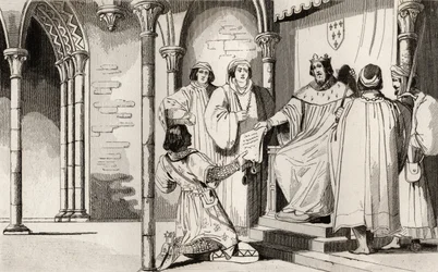 Charles IV (1294-1328) den stilige tar emot en vädjan vid domstolen, från "Histoire de France" av Colart, publicerad ca 1840 (gravyr)