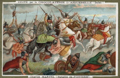 Charles Martel arresterade muslimer i slaget vid Poitiers 732. Kromolitografi av 1800-talet.