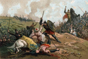 Karl Martell stoppade invasionen och dödade härföraren Abd al-Rahman I eller Abderamane I (Abd al-Rahman) (731-788), saracenernas ledare. Kromolitografi omkring 1890.