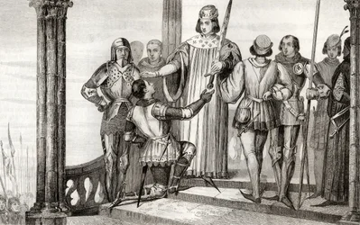 Charles V (1358-80) den Vise overrækker sit sværd til Duguesdin, fra 