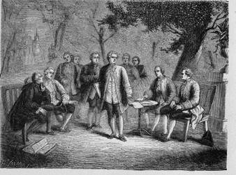 Charles de Secondat Montesquieu med det vetenskapliga cenaklet på Castle Clairac, Frankrike - Le cenacle scientifique du chateau de Clairac: Montesquieu och Baron de Secondat, son, Chevalier de Vivens, Romas och Dutilh-bröderna - - i "Album de la Scienc