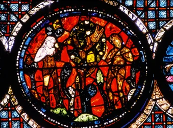 Chartres-katedralen, Glasmålning föreställande den barmhärtige samariten i cirkel Glasmålning (glasmålning)